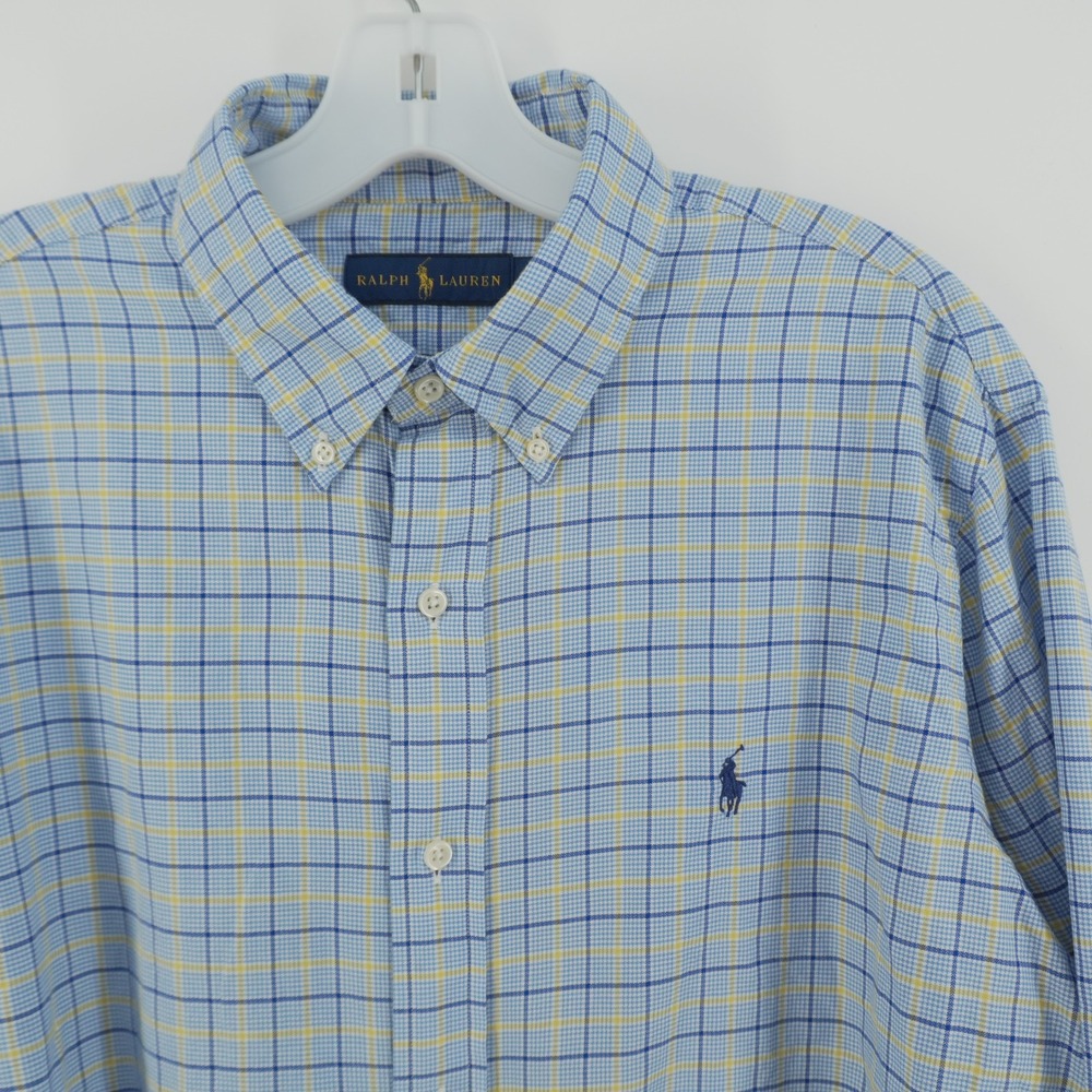 Ralph Lauren Button Down Mens Large Blue Yellow Plaid Long Sleeve Pony Logo